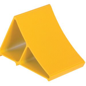 The Vestil Yellow Aluminum Wheel Chock 7X 11.75 X 8 features a triangular design with ribbed surfaces to prevent vehicle movement. Its lightweight, hollow, and set against a white background for visibility.