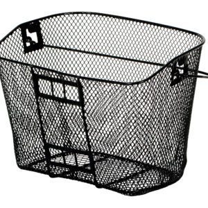 A black metal mesh bike basket, similar to the Vestil Easy Access Stock Truck-Storage Basket, has a rectangular shape with a slightly rounded top and small side hooks for easy attachment.