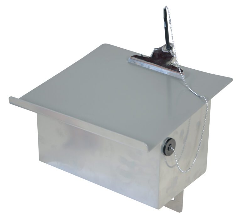 The Vestil Easy Access Truck-Table/Storage Box features a slanted lid with a clipboard on top, a chained pen attached to the clipboard, and a front lock for security. Its design resembles that of a silver metal donation box.