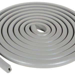 Close-up of a gray coiled hose on a white backdrop, echoing the precision of Vestil Rubber Edge Corner and Surface Guards, neatly spiraled with its inner end at the center.
