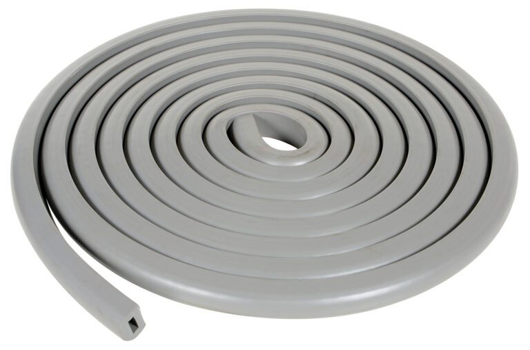 EB-1_A.jpg Close-up of a gray coiled hose on a white backdrop, echoing the precision of Vestil Rubber Edge Corner and Surface Guards, neatly spiraled with its inner end at the center.