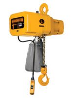 The Vestil Electric Chain Hoist 1000 Lb 3 Phase is yellow, equipped with top and bottom hooks, a control pendant, and a chain bag, featuring the brand name prominently on the side.