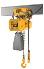 The yellow Harrington 2 Ton electric chain hoist, attached to a metal beam with a sturdy chain and large hook, mirrors the efficiency of the Vestil Electric Chain Hoist-4000 Lb 3 Phase, which features an easy-to-use button control pendant.