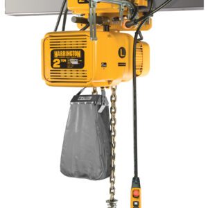 The yellow Harrington 2 Ton electric chain hoist, attached to a metal beam with a sturdy chain and large hook, mirrors the efficiency of the Vestil Electric Chain Hoist-4000 Lb 3 Phase, which features an easy-to-use button control pendant.