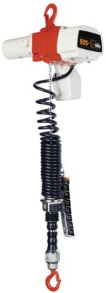 The Vestil Electric Chain Hoist 525 Lb 1 Phase, in red and white, features a hook connected by a black coiled cable. It includes a label displaying 525 and an attached tag, designed for efficient heavy lifting.