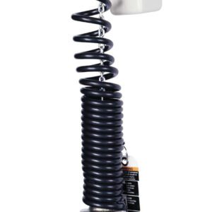 The Vestil Electric Chain Hoist 525 Lb 1 Phase, in red and white, features a hook connected by a black coiled cable. It includes a label displaying 525 and an attached tag, designed for efficient heavy lifting.