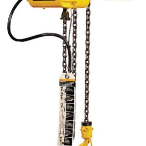 The Vestil Electric Chain Hoist 6000 Lb 1 Phase, featuring a durable metal chain and sturdy hook, includes a control pendant and instructional label. Its yellow design efficiently lifts heavy loads up to 6000 lbs on a single phase.