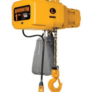 The Vestil Electric Chain Hoist 6000 Lb 3 Phase, comparable to the yellow Harrington electric chain hoist with a robust chain, hook, and black control unit, offers reliable heavy-duty lifting capacity for up to 1-ton.