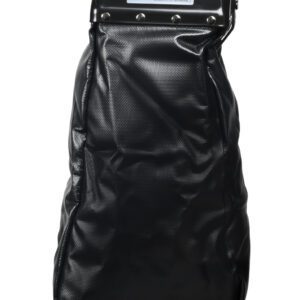 A black, heavy-duty punching bag with a reinforced top bracket for mounting, known for its durability similar to the Vestil Electric Chain Hoist-Chain Bag Container. It has a textured surface and features a D1 label, perfect for intense training sessions.