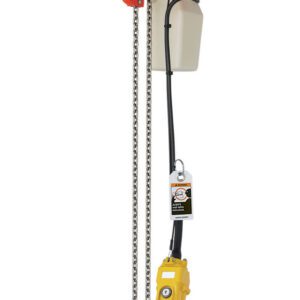 The Vestil Electric Chain Hoist-High Speed features a red and white motor housing, hanging chain, orange hook, and a yellow two-button control handle connected by a cable for efficient heavy lifting.