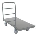 The Vestil Steel Platform Truck (Gray) features a sturdy metal base and vertical handle, supported by four durable wheels. Two are visible against a pristine white background.