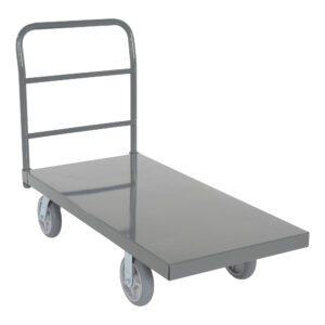 The Vestil Steel Platform Truck (Gray) features a sturdy metal base and vertical handle, supported by four durable wheels. Two are visible against a pristine white background.