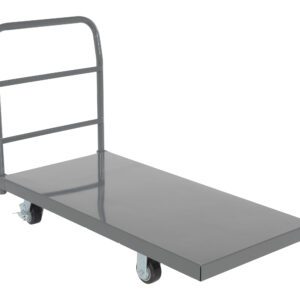 The Vestil Steel Platform Truck W/ 4X2 Mold On Rubber, featuring a durable metal frame, flatbed surface, and convenient handle, is ideal for transporting heavy objects with ease.