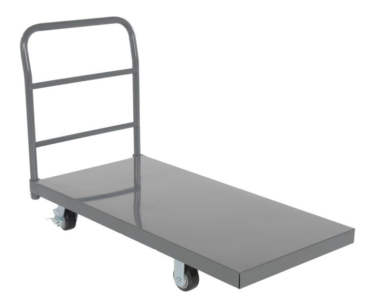 The Vestil Steel Platform Truck W/ 4X2 Mold On Rubber, featuring a durable metal frame, flatbed surface, and convenient handle, is ideal for transporting heavy objects with ease.