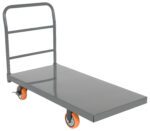 The Vestil Steel Platform Truck W/ 6X2 Poly (Orange) has a gray flatbed, vertical handle, and robust metal frame for heavy item transport. The vibrant orange wheels offer smooth maneuverability.