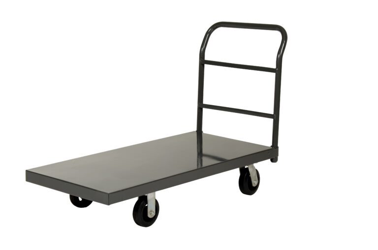 The Vestil Steel Platform Truck 24 x 48 is a black flatbed dolly featuring four wheels and a vertical handle, designed for easy maneuvering. Its sturdy rectangular build efficiently transports heavy items.