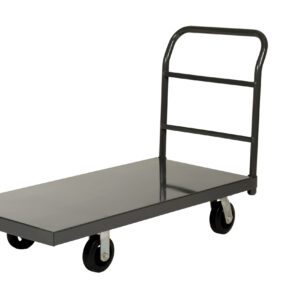The Vestil Steel Platform Truck, 24 x 60, features a rectangular base and vertical handlebar for easy transport of heavy items on its four black wheels. Its simple yet sturdy design with a smooth surface and durable frame ensures reliable use.