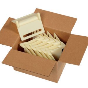 An open box contains multiple beige plastic corner protectors from the Vestil Nylon Edge Guards 12 Pack, with one upright and others stacked, each measuring 5.375 x 3.875 inches.