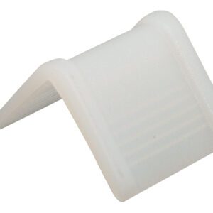 A close-up shows a white, L-shaped corner protector from the Vestil Plastic Edge Guards 1000 Pcs 1X1.25 collection, created to cover and shield sharp corners for safety. It features a smooth texture with subtle ridges.