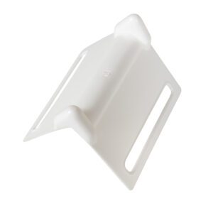 The Vestil Plastic Edge Guards 100 Pcs feature a white V-shaped design with rounded corners and two side slits for easy mounting, measuring 5.18 x 4.25, and provide durable, versatile wall protection.