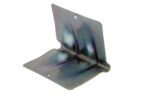 A metallic L-shaped bracket similar to the Vestil Steel Edge Guards 10 Pcs 6 X 4.81, with a smooth, reflective surface; each face has a hole for easy mounting. The tarnished blue and purple hues enhance its unique character.