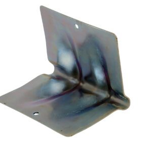 A metallic L-shaped bracket similar to the Vestil Steel Edge Guards 10 Pcs 6 X 4.81, with a smooth, reflective surface; each face has a hole for easy mounting. The tarnished blue and purple hues enhance its unique character.
