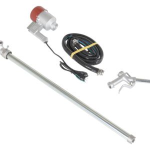 Industrial mechanical kit with a long metal rod, Vestil Electric Drum Pump 115 Volt 2 In Bung like red and silver motor, black coiled cable, and metallic attachment with hooks arranged on white background.