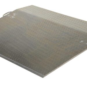The Vestil Aluminum Econo Dockplate 1/2 5.1K 36X30 is a durable metal ramp featuring a diamond plate surface, two side handles, and supports up to 5.1K weight, with an inclined silhouette on a pristine white background.