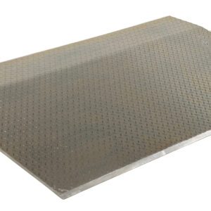The Vestil Aluminum Econo Dockplate 1/2 5.5K 60X42 is a metal ramp with a textured diamond plate surface, featuring two handles on one side and support legs on the other to bridge gaps between surfaces for seamless loading.