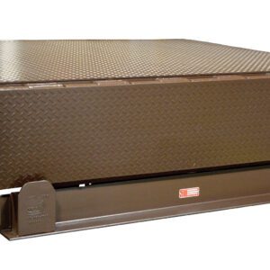 The Vestil Electric Hydraulic Dockleveler 40K 6X6Ft is a durable industrial tool with a diamond plate surface and yellow safety lip, designed to efficiently bridge your loading=