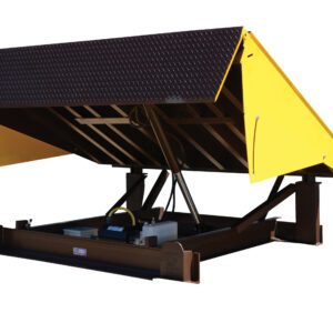 The Vestil Electric Hydraulic Dockleveler 30K 7X6Ft has a striking yellow and black platform with sturdy metal support beams and a reliable control mechanism, ensuring seamless loading operations.