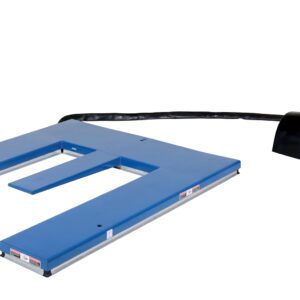 A blue U-shaped industrial floor scale, similar to a Vestil E Type Electric Lift Table 2K Capacity, features a black control unit with a wired connection. The control unit has a distinctive red button on a curved stand, perfect for weighing large items or pallets.