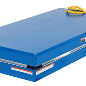The Vestil Electric Hydraulic Lift Table 3K 24X48 has a blue rectangular design with a flat surface and yellow cord on top, featuring clear labels and warning signs on the side for enhanced functionality and safety.