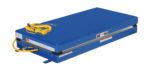 The Vestil Electric Hydraulic Lift Table 4K 24X48 is a blue, rectangular lift table for warehouse or factory use, featuring a compact control box, yellow coiled control cord, and essential safety labels for efficient materials handling.