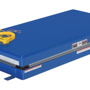 The Vestil Electric Hydraulic Lift Table 4K 24X48 is a blue, rectangular lift table for warehouse or factory use, featuring a compact control box, yellow coiled control cord, and essential safety labels for efficient materials handling.