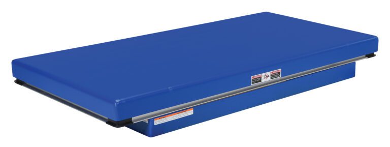 EHLT-3060-2-43_A.jpg A blue, rectangular balance pad with a firm surface, echoing the sleek design of the Vestil Electric Hydraulic Lift Table 2K 30X60. It includes side warning labels and is designed for physical therapy, fitness training, or rehabilitation exercises to enhance balance and stability.