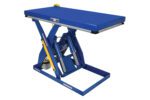 The Vestil Electric Hydraulic Lift Table 4K 30X60 includes a blue scissor lift with a flat surface, yellow details, and exposed mechanical components underneath, ideal for efficiently lifting and positioning heavy objects.