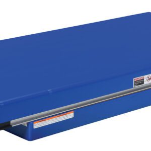 A rectangular, blue gymnastics mat with black bottom trim and safety labels on the side. Thick and gym-friendly, it complements setups featuring equipment like the Vestil Electric Hydraulic Lift Table 2K 30X72.