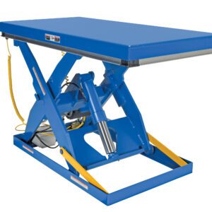 The Vestil Electric Hydraulic Lift Table 3K 30X72 has a blue X-shaped base, a flat rectangular top with yellow safety edges, and a hydraulic cylinder with side cable for effortless lifting.