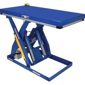 The Vestil Electric Hydraulic Lift Table 4K 30X72 features a blue finish, a scissor lift mechanism, and a rectangular platform. A yellow handle and various labels on the frame enhance its design while elevating heavy items to a convenient working height.