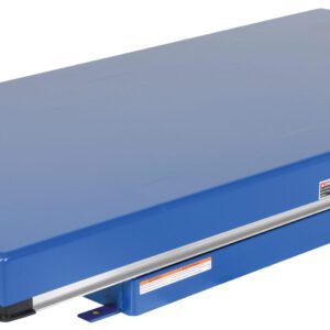 The Vestil Electric Hydraulic Lift Table 5K 36X72 has a blue flat surface with rounded corners and a yellow top control panel, ideal for heavy-duty lifting and handling.