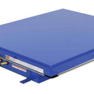 A blue industrial platform scale resembles the Vestil Electric Hydraulic Lift Table 3K 40X48 with its rectangular design, yellow side cable, numerous warning labels, and a secure metal base featuring mounting brackets.