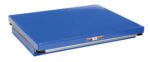 A rectangular blue gymnastics mat with a glossy surface akin to the Vestil Electric Hydraulic Lift Table 3K 40X48, is slightly elevated and features a small label on one side.