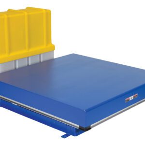 The Vestil Elect Hydraulic Lift Table 10K 48X48 features a blue industrial platform and a yellow-and-gray rear hydraulic power unit, perfect for managing heavy loads in warehouses or industrial settings.