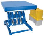 The Vestil Elect Hydraulic Lift Table 12K 48X48 features a blue flat top, robust metal base, multiple pistons for lifting, and a yellow control unit, ideal for industrial tasks.
