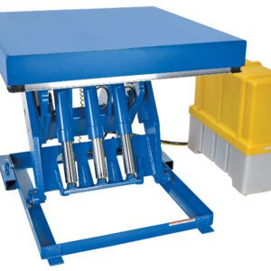The Vestil Elect Hydraulic Lift Table 12K 48X48 features a blue flat top, robust metal base, multiple pistons for lifting, and a yellow control unit, ideal for industrial tasks.