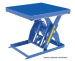 The Vestil Electric Hydraulic Lift Table 6K 48X48 comes in blue with a flat top and X-shaped design. It features a durable build with multiple pistons, and power options are not displayed.