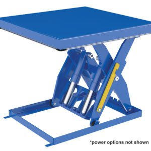 The Vestil Electric Hydraulic Lift Table 6K 48X48 comes in blue with a flat top and X-shaped design. It features a durable build with multiple pistons, and power options are not displayed.