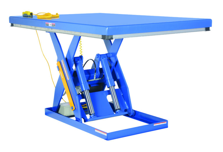 The blue Vestil Electric Hydraulic Lift Table 3K 48X72 features a rectangular top supported by scissor-lift mechanisms, a yellow coiled control cable, and visible mechanical components beneath.