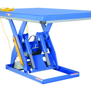 The blue Vestil Electric Hydraulic Lift Table 3K 48X72 features a rectangular top supported by scissor-lift mechanisms, a yellow coiled control cable, and visible mechanical components beneath.